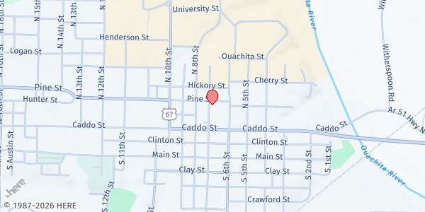 Map showing First Baptist Church - Arkadelphia at 116 N. 7th St., Arkadelphia, AR