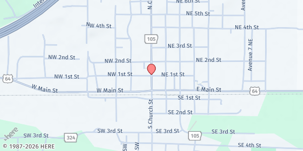 Map showing Atkins First Baptist Church at 201 N. Church St., Atkins, AR