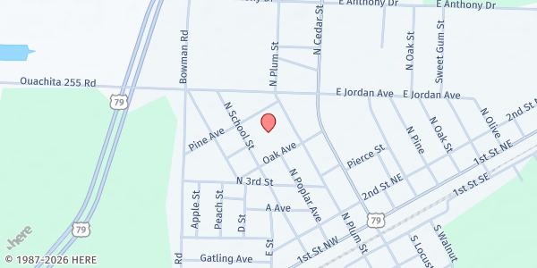 Map showing First Southern Baptist-Bearden at 100 Oak Avenue, Bearden, AR