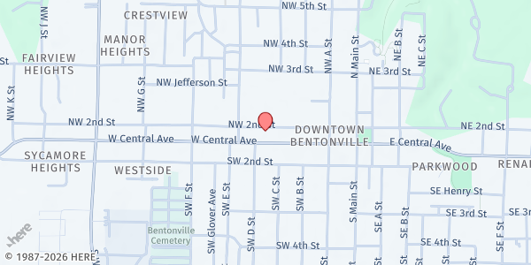 Map showing Christ the King Lutheran Church at 406 W Central Ave, Bentonville, AR