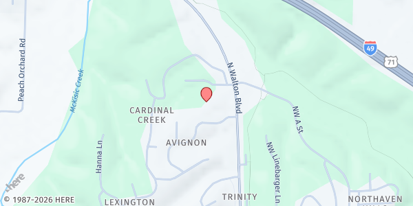 Map showing Hillcrest Church at 2907 N. Walton Blvd., Bentonville, AR