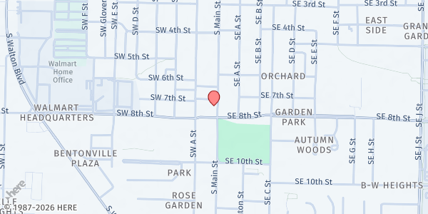Map showing Radiant Life Church and Community Thrift Store at 915 W. Central Ave., Bentonville, AR