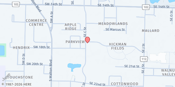 Map showing Ruth Barker Free Little Pantry at 500 SE 18th St, Bentonville, AR