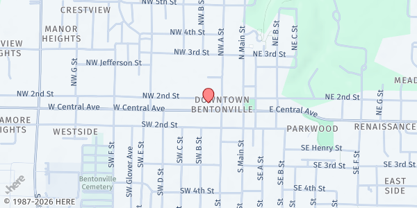 Map showing Second Street Pantry at 201 NW 2nd St, Bentonville, AR