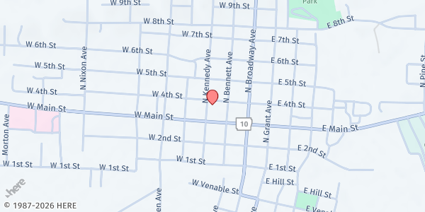 Map showing First Baptist Church -- Booneville Eats at 382 Kennedy Ave., Booneville, AR
