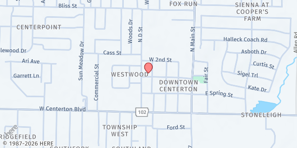 Map showing H20 Food Pantry at Living Waters United Methodist Church at 424 N. Main St., Centerton, AR