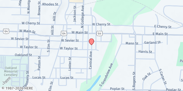 Map showing First United Methodist Church at 215 W Sevier St, Clarksville, AR