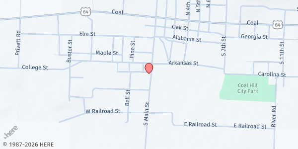 Map showing Coal Hill Church of Christ at 600 S Main St, Coal Hill, AR