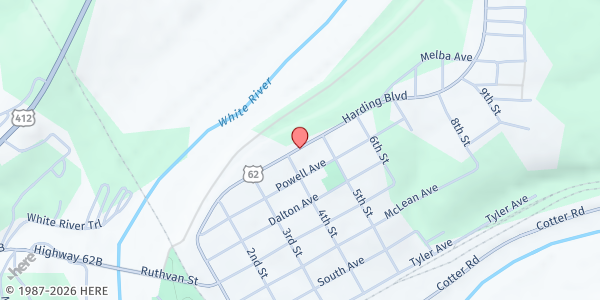 Map showing White River Church of The Nazarene at 1424 E. Hwy 62, Cotter, AR