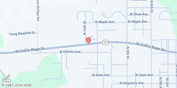 Map showing De Queen Church of Christ at 1305 W. Collin Raye Dr., De Queen, AR