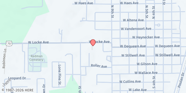 Map showing Praise Temple at 129 W. Locke Ave., De Queen, AR