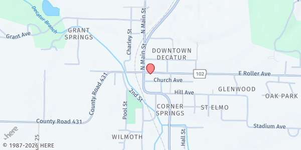 Map showing First Baptist Decatur at 213 E. Roller Ave., Decatur, AR
