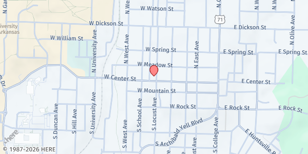 Map showing Center Street Church of Christ at 310 W. Center St., Fayetteville, AR
