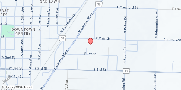 Map showing GFA Pantry at 821 W Main St, Gentry, AR