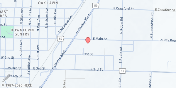 Map showing GFA Pantry at 821 E Main St, Gentry, AR
