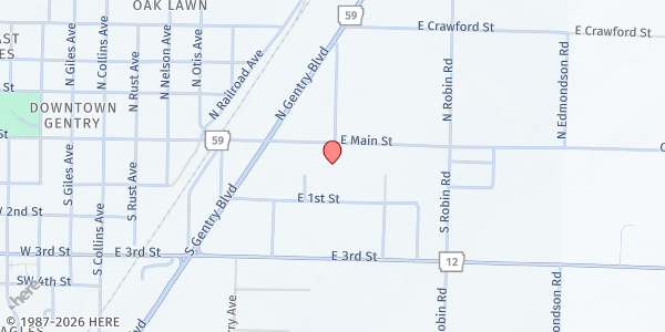 Map showing GFA Pantry- First Assembly of God at 821 E. Main St., Gentry, AR