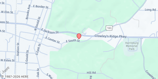 Map showing New Vision Worship Center - Operation Compassion at 900 E. South St., Harrisburg, AR