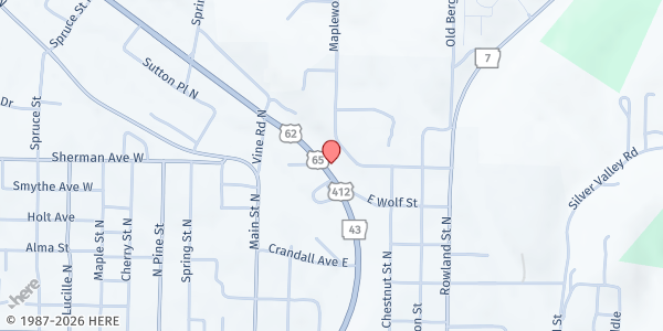 Map showing Ozark Share and Care Inc. at 105 US-62 65 N., Harrison, AR