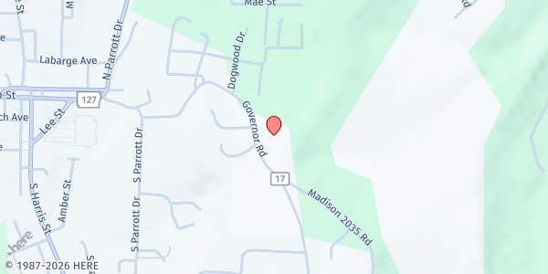 Map showing Loaves & Fishes Food Pantry (First Baptist Church Huntsville) at 803 Governor Rd, Huntsville, AR