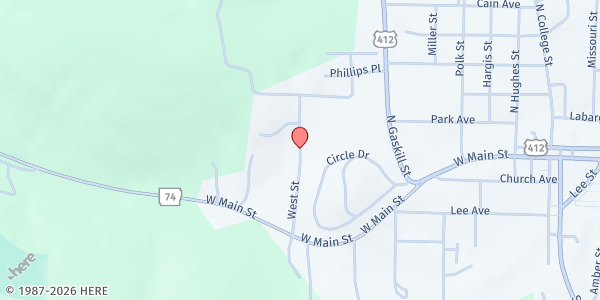 Map showing Open Arms Food Pantry at 400 W. St., Huntsville, AR