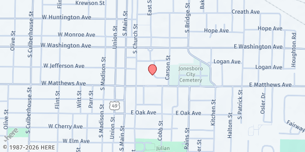 Map showing Angel Backpack Program - Jonesboro at 225 E. Washington Ave., Jonesboro, AR
