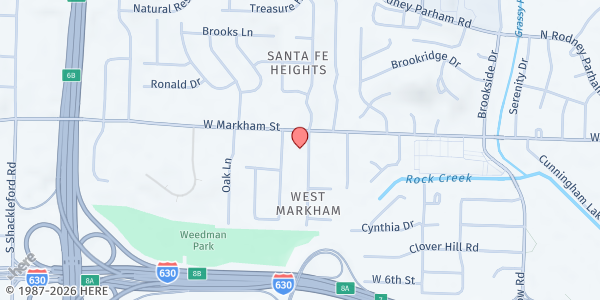 Map showing Markham Street Baptist Church at 9701 W. Markham St., Little Rock, AR