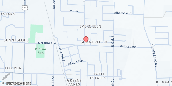 Map showing Lowell Bible Church at 504 McClure Ave., Lowell, AR