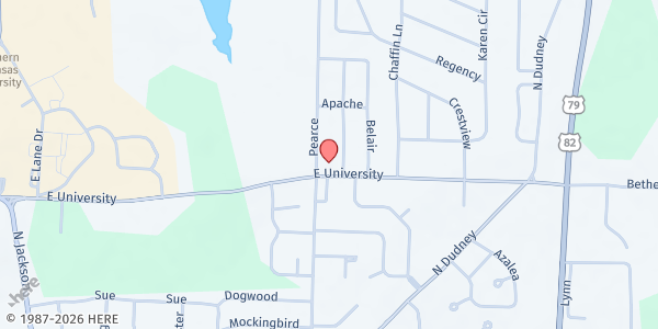 Map showing Asbury United Methodist Church at 1300 E. University St., Magnolia, AR