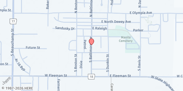 Map showing Manila First Baptist Church at 320 S. Baltimore Ave., Manila, AR