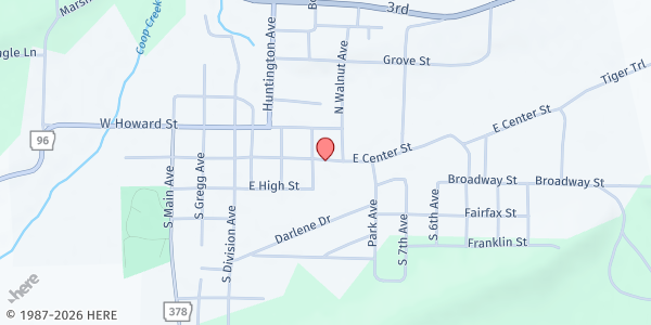 Map showing Magazine First Baptist Church- Food Distribution Center at 405 E Center St, Mansfield, AR