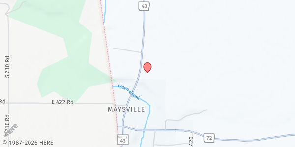 Map showing Maysville Missionary Baptist Church at 12016 N AR-43, Maysville, AR