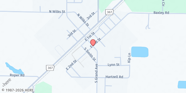 Map showing First Baptist Church McRae at 701 E. 2nd St., McRae, AR