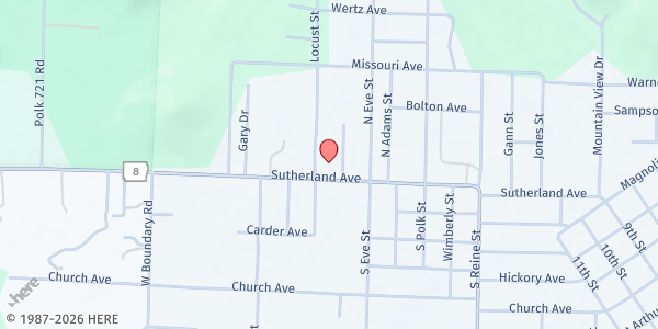 Map showing Mena First Assembly of God at 2111 Sutherland Ave., Mena, AR