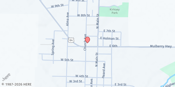 Map showing Mulberry Community Food Pantry at 610 Church Ave., Mulberry, AR