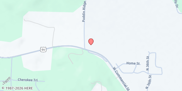 Map showing Ozark Freewill Baptist Church at 8414 Puddin Ridge Rd., Ozark, AR