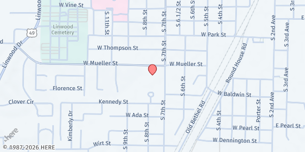 Map showing 7th & Mueller Church of Christ at 1000 S 7th St, Paragould, AR