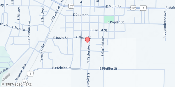 Map showing WINGS food pantry, First General Baptist Church at 581 S Taylor Ave, Piggott, AR
