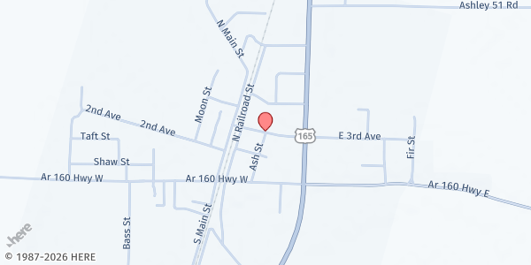 Map showing Portland United Methodist Church at 208 Ash Street, Portland, AR