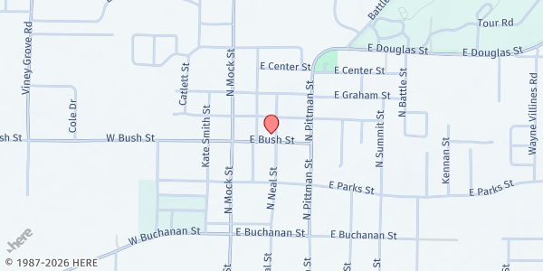 Map showing First Presbyterian Church - Prairie Grove at 208 E. Bush St., Prairie Grove, AR