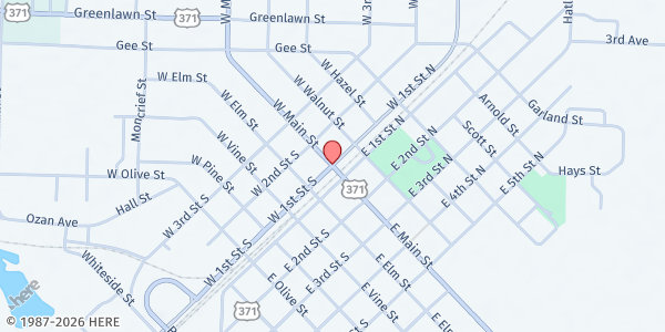 Map showing Prescott First Baptist Church at 201 E. Main St., Prescott, AR