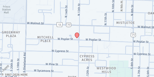 Map showing Feed Rogers at 216 S 13th St, Rogers, AR