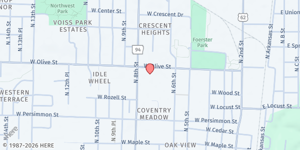 Map showing First Baptist Church Rogers at 626 W. Olive St., Rogers, AR