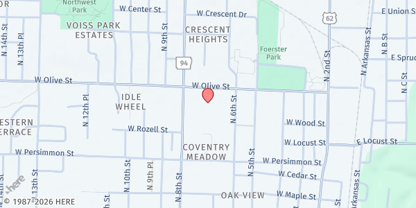 Map showing First Baptist Church Rogers at 626 W Olive St, Rogers, AR