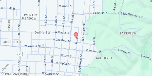 Map showing House of God - Rogers at 214 N. 1st St., Rogers, AR