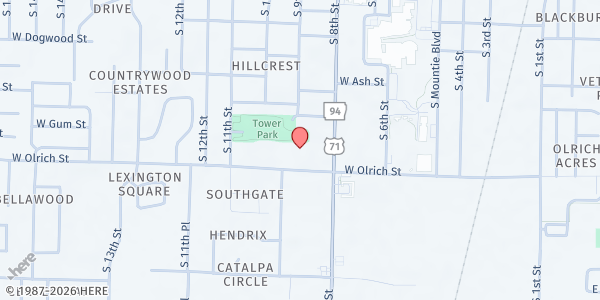 Map showing Peace Lutheran Church at 805 W. Olrich St., Rogers, AR