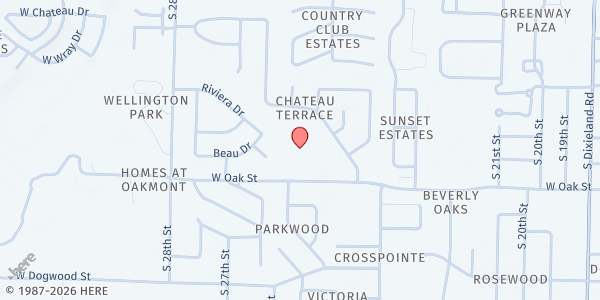Map showing Rogers Christian Church at 2501 W. Oak St., Rogers, AR
