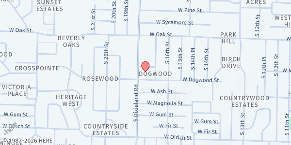 Map showing Southside Church of Christ at 919 S. Dixieland Rd., Rogers, AR