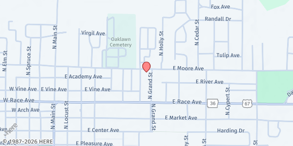 Map showing College Church of Christ - Searcy dba His House at 605 N Grand, Searcy, AR