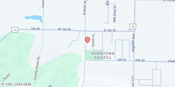 Map showing First Baptist Church Highfill at 11912 S. Main St., Siloam Springs, AR