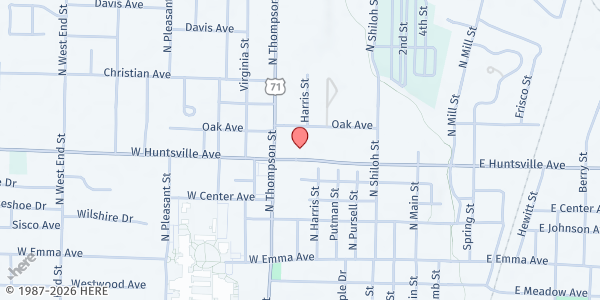 Map showing Springdale Christian Church at 714 W. Huntsville Ave., Springdale, AR